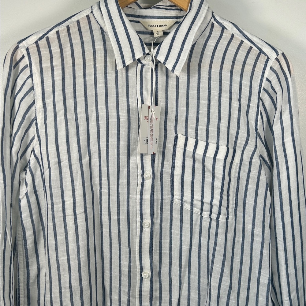 Lucky Brand Women’s Vertical Stripe Button-Down Shirt - White & Blue - Picture 7 of 16